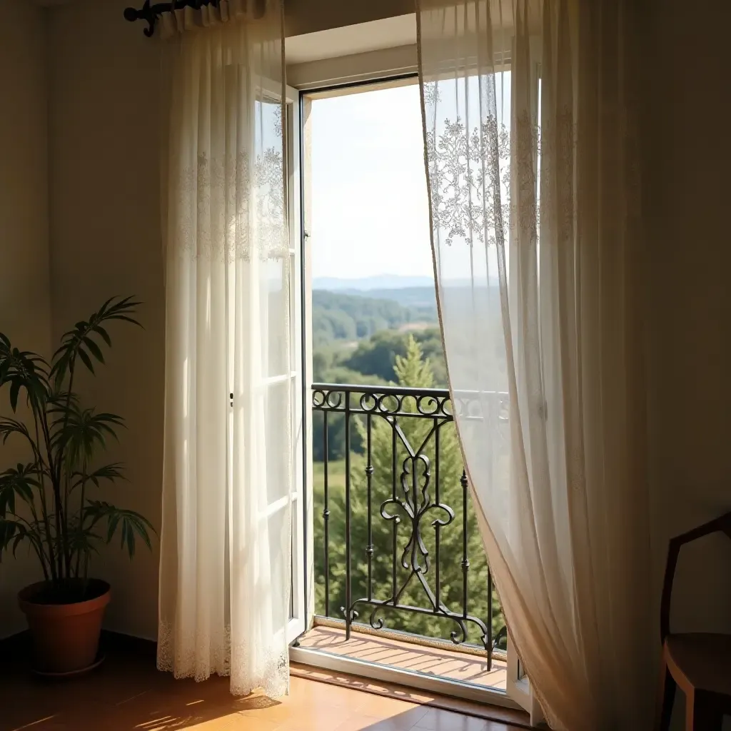 a photo of a quaint balcony with lace curtains blowing in the breeze