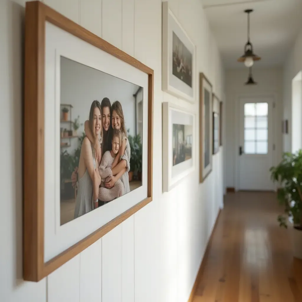 a photo of a wooden frame with family photos in a corridor