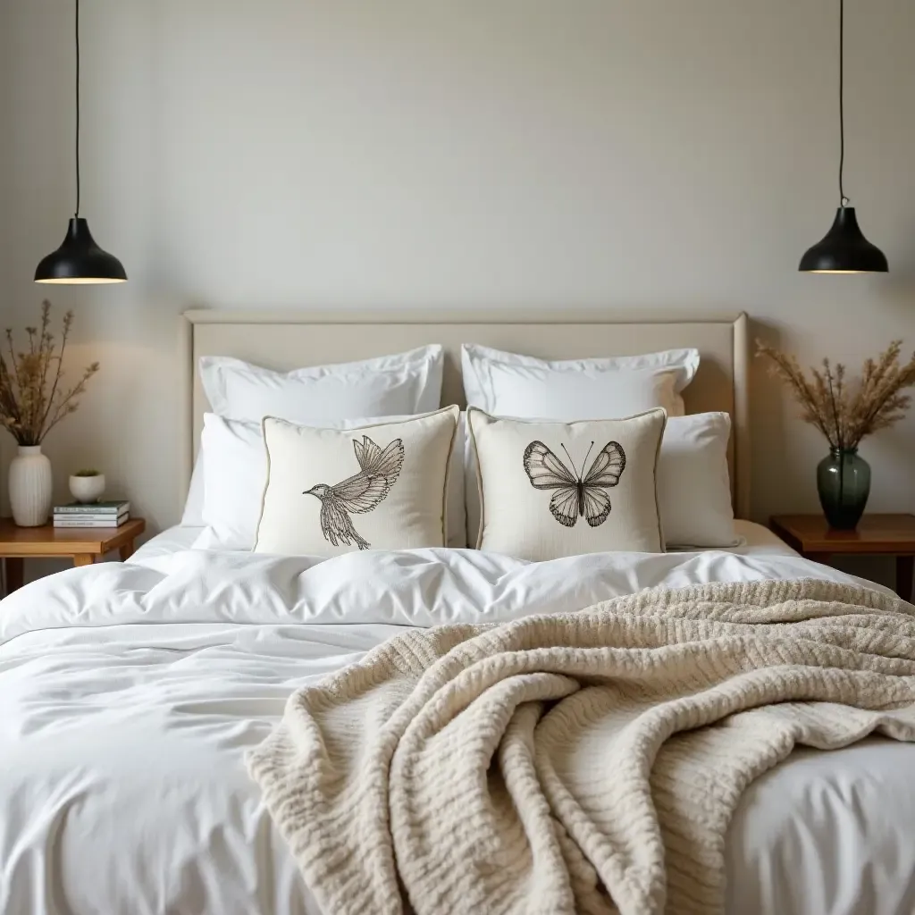 a photo of a serene bedroom with a plush bed and nature-themed throw pillows