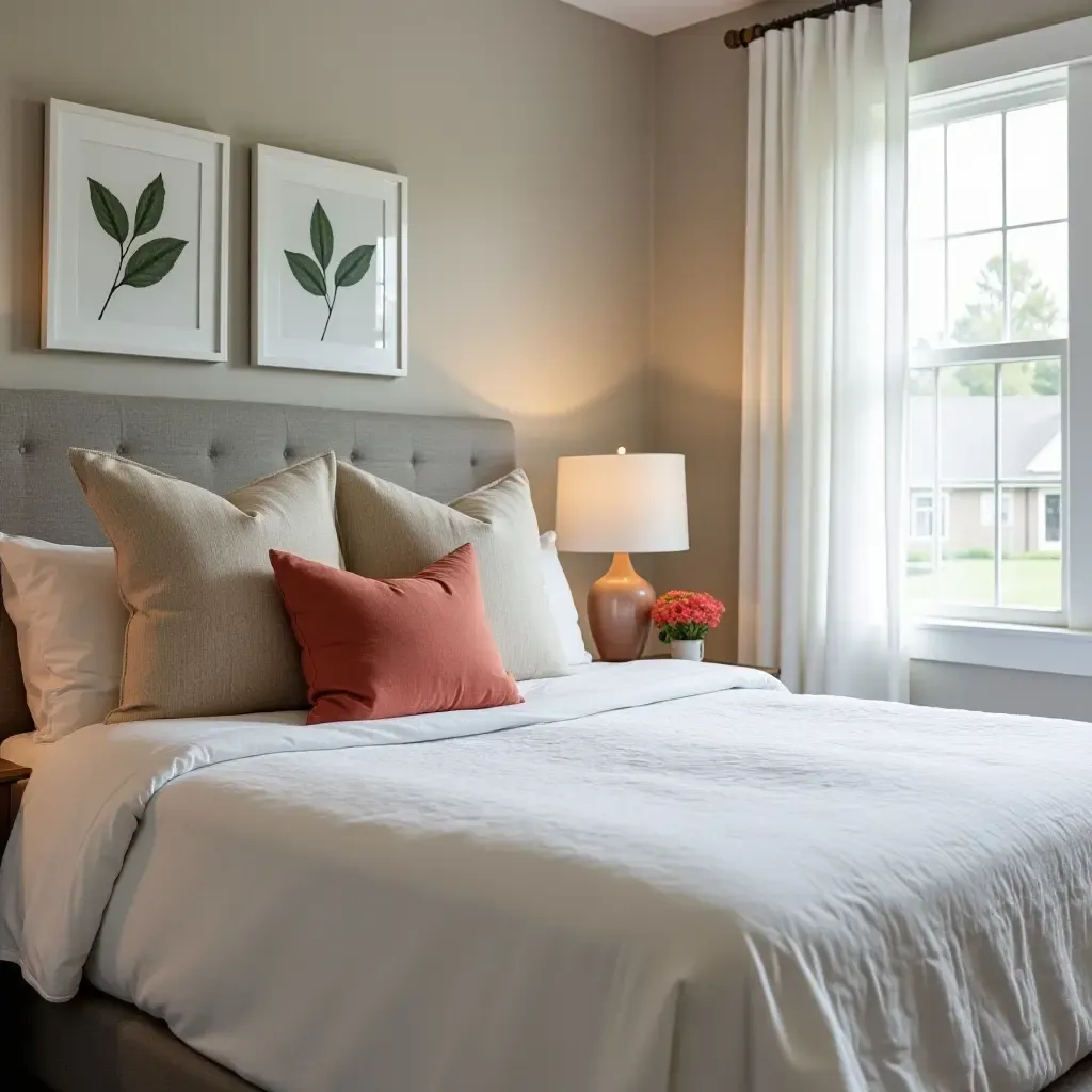 a photo of a basement guest room with inviting throw pillows on a bed