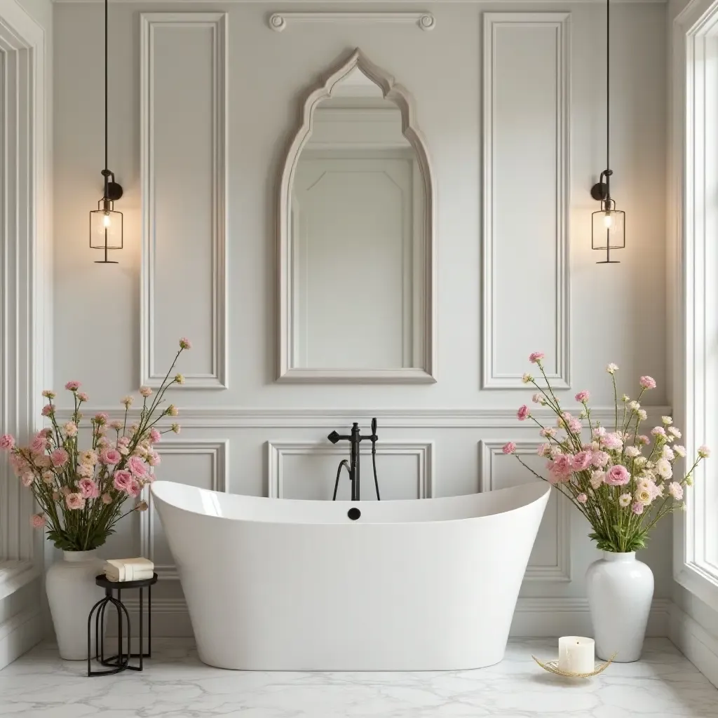 a photo of a bathroom with a beautiful floral arrangement and elegant accessories