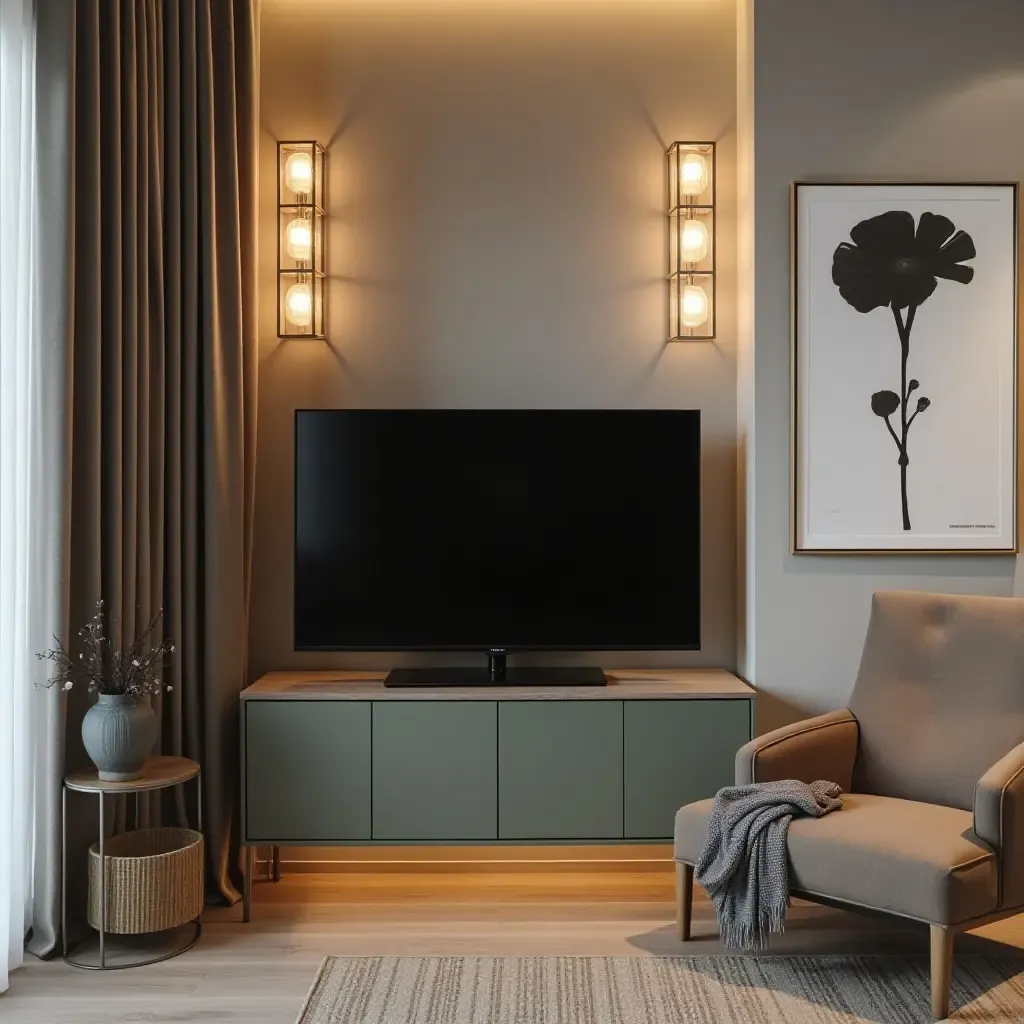 a photo of a corner TV with a chic gallery wall and decorative lighting