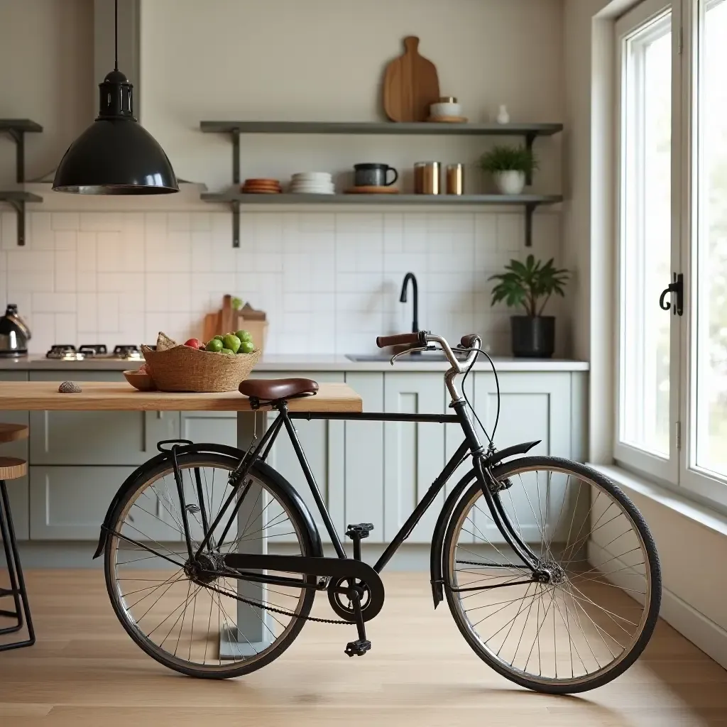 a photo of a vintage bicycle used as decor in a kitchen