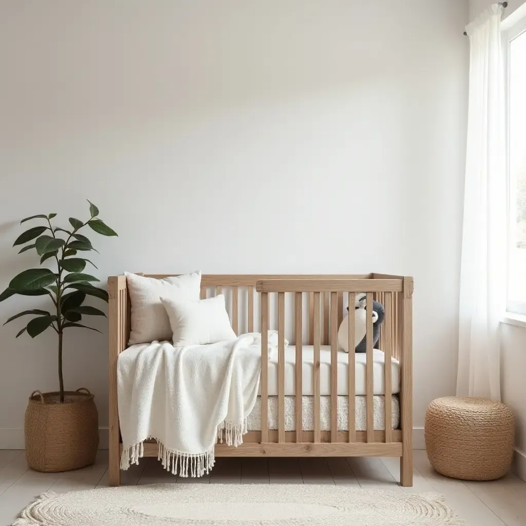 a photo of a serene nursery with a rustic farmhouse crib and soft bedding