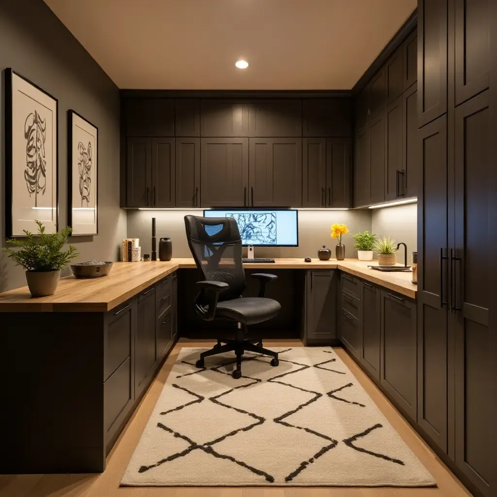 a photo of a basement home office with ergonomic furniture and good lighting