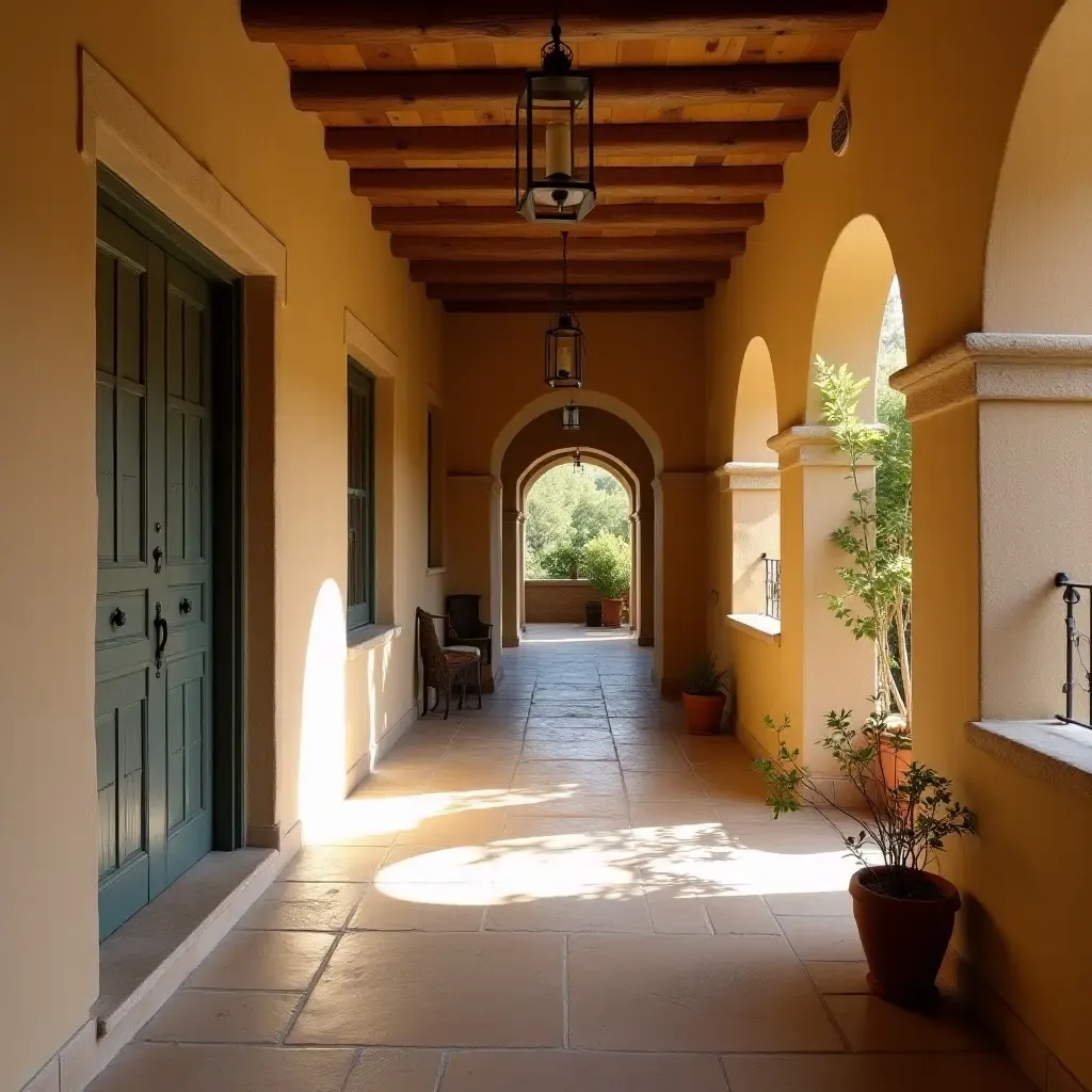 a photo of a cozy corridor with rustic decor and Mediterranean charm