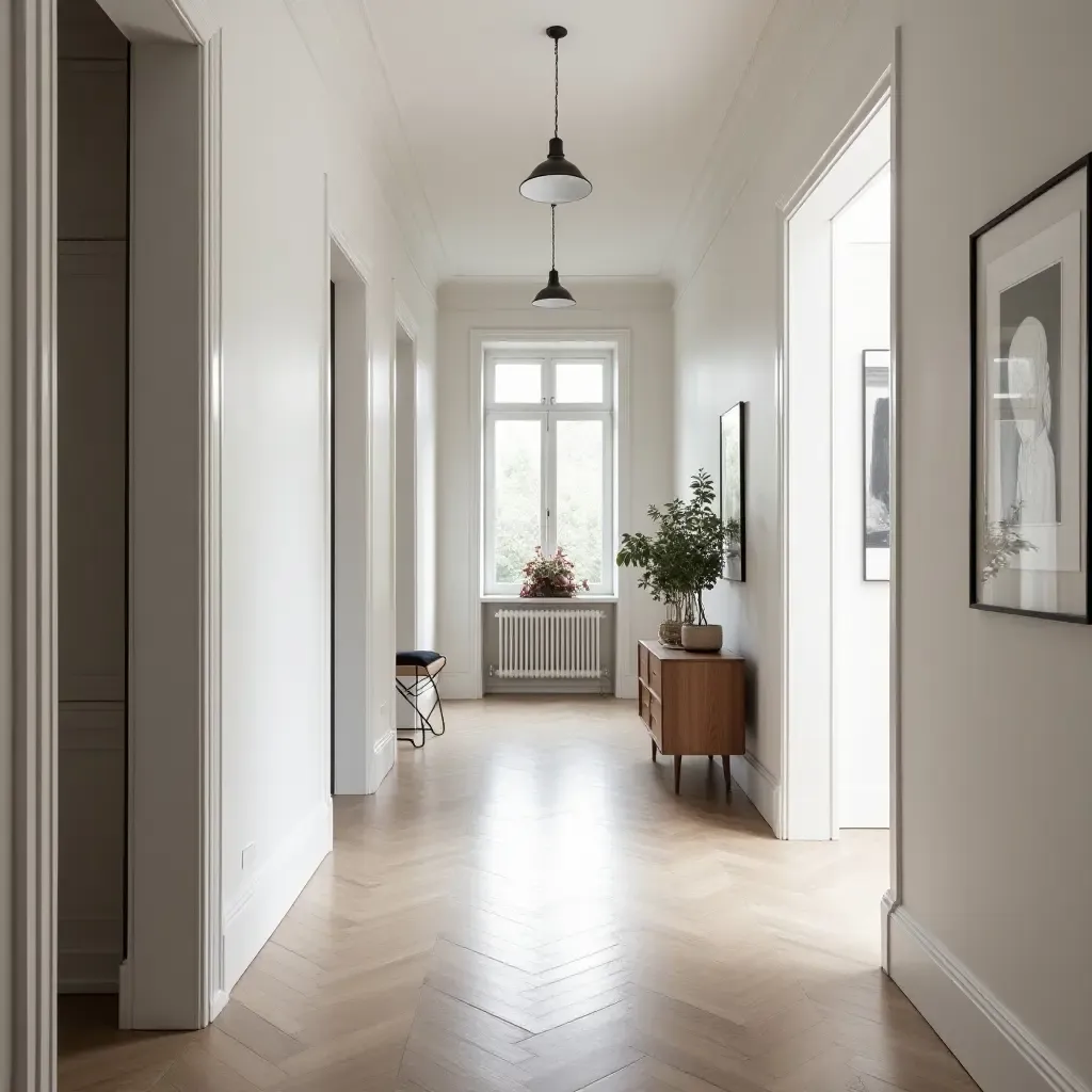 a photo of a Scandinavian corridor with a mix of modern and vintage decor