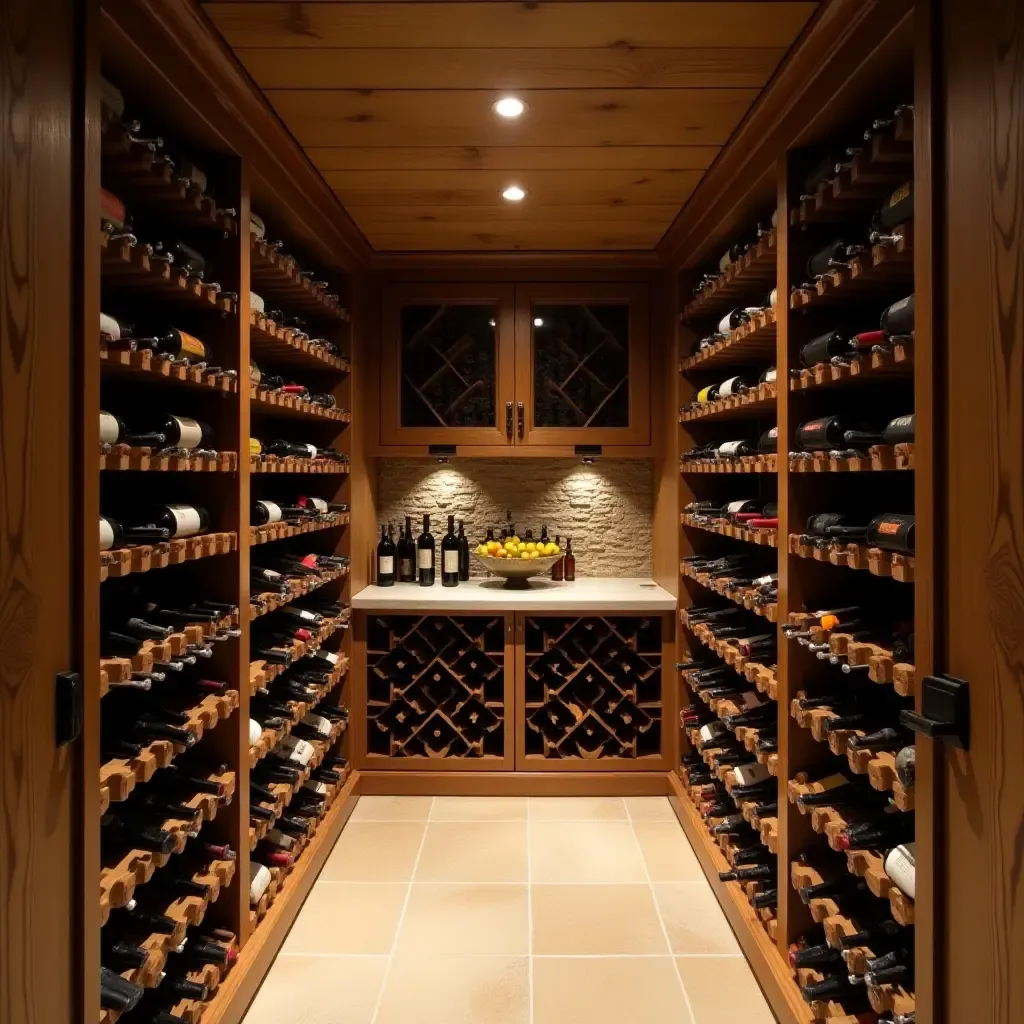 a photo of a rustic basement wine cellar with wooden racks and soft lighting