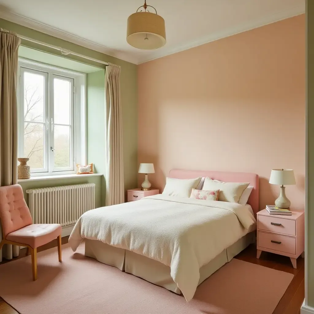 a photo of a vintage-inspired bedroom with retro furniture and pastel colors