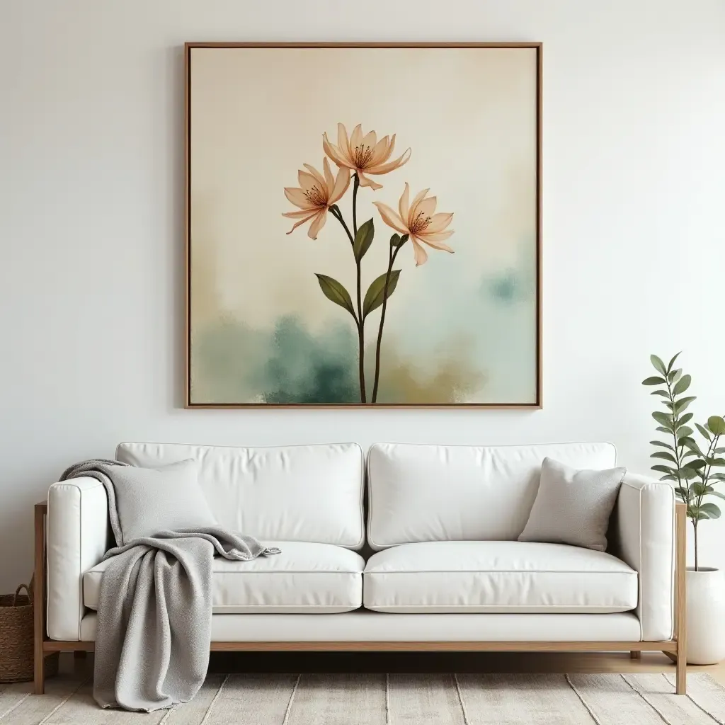 a photo of an oversized botanical print above a sofa