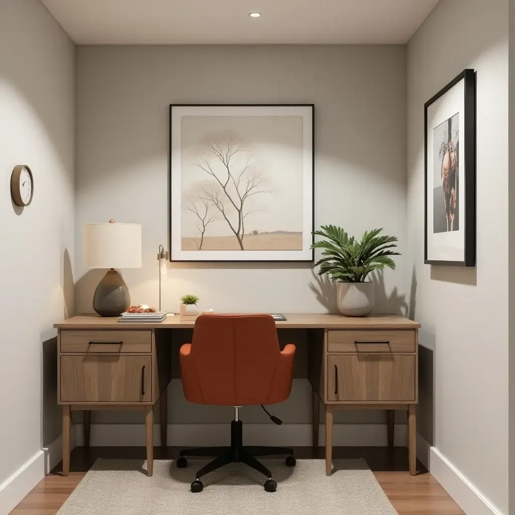 a photo of a basement office nook with a stylish desk and decor