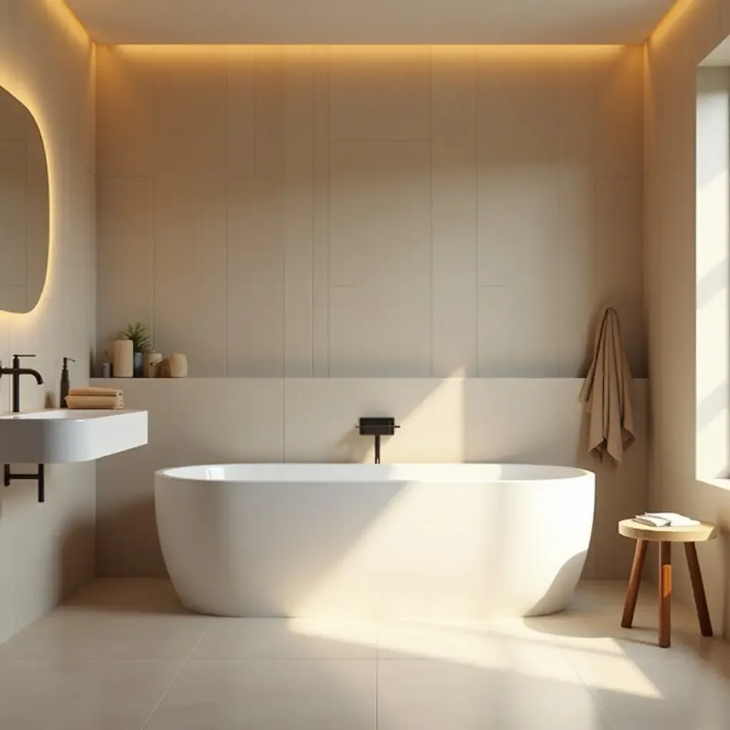 a photo of a cozy cream and taupe bathroom with warm lighting