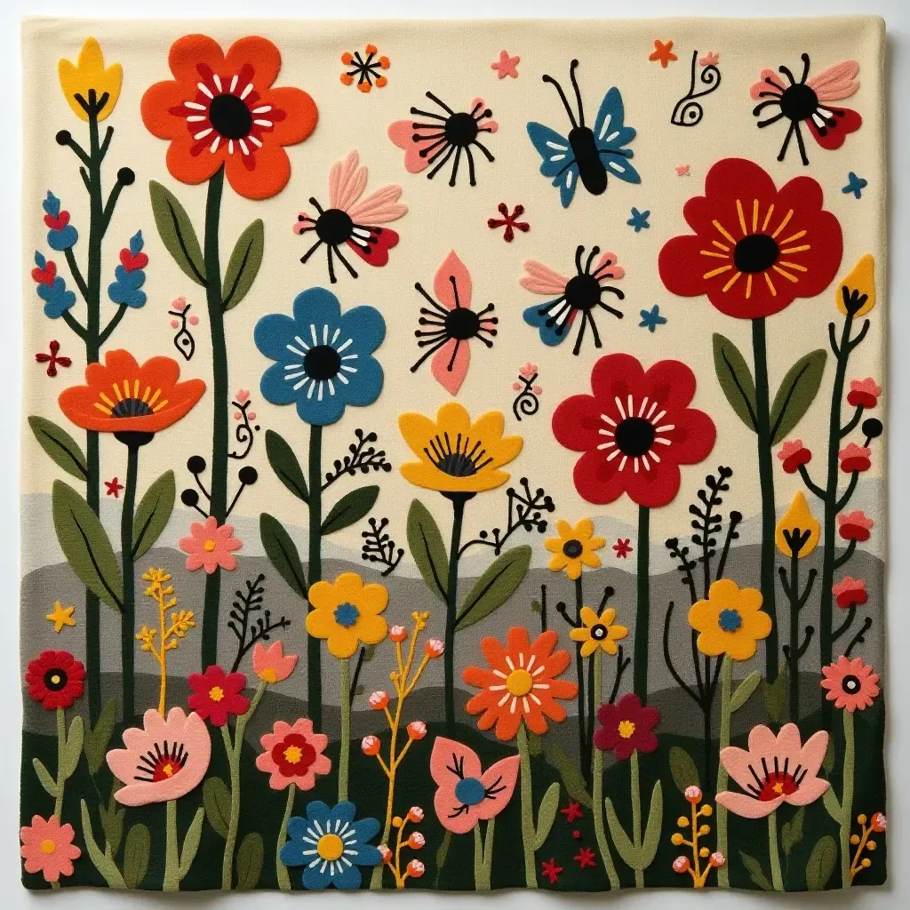 a photo of a rug featuring a whimsical garden with flowers and insects