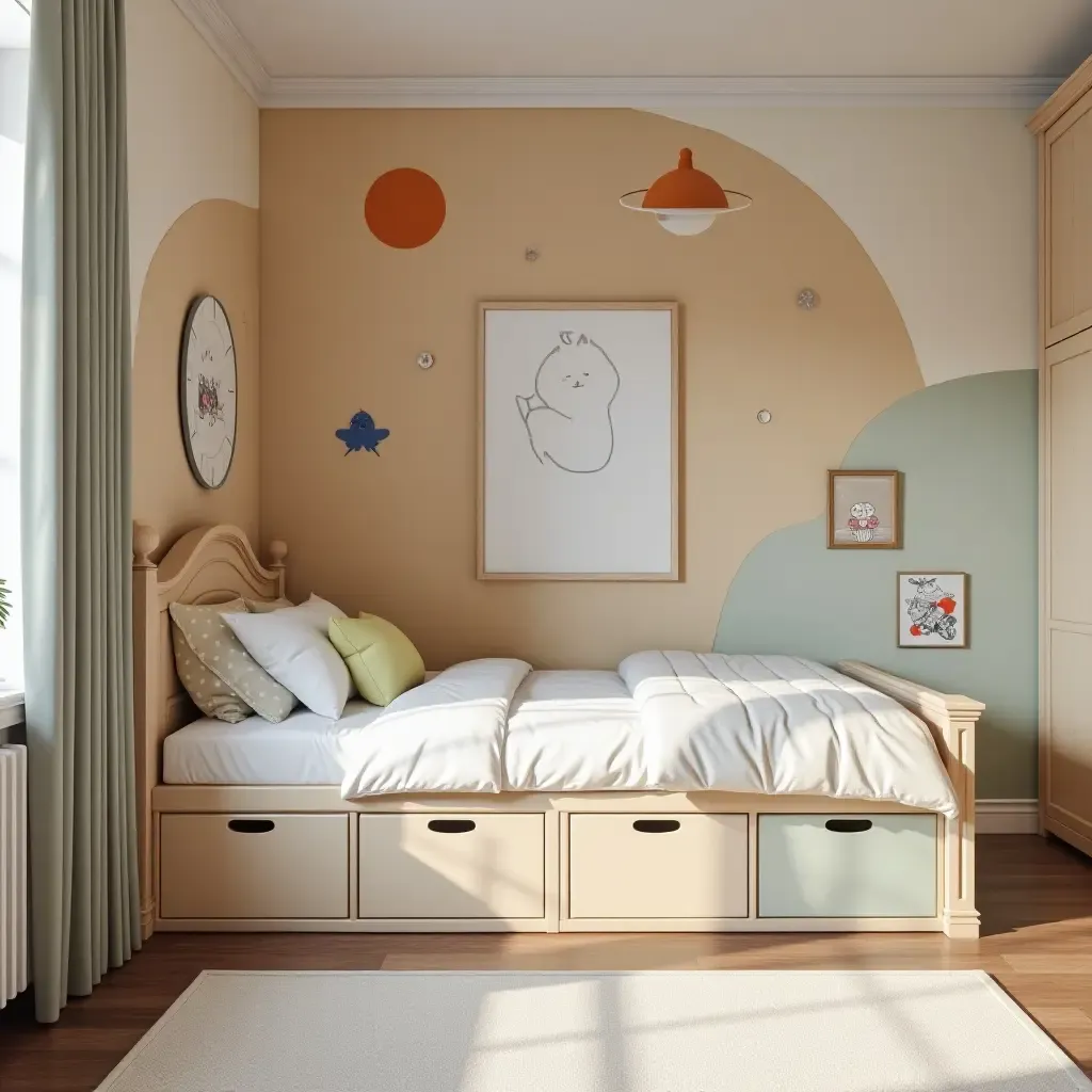 a photo of a playful bedroom with whimsical storage options