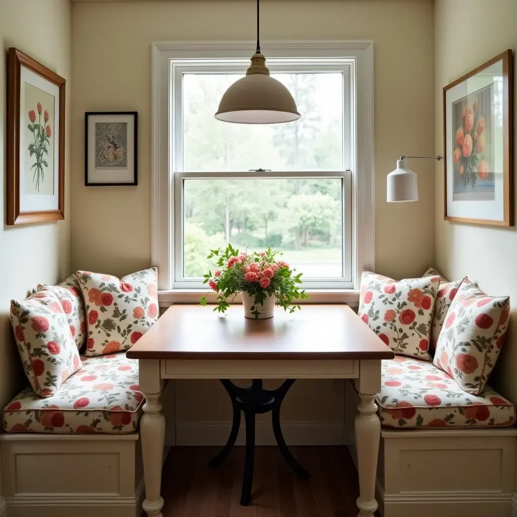 a photo of a cozy kitchen nook with a vintage table and floral cushions