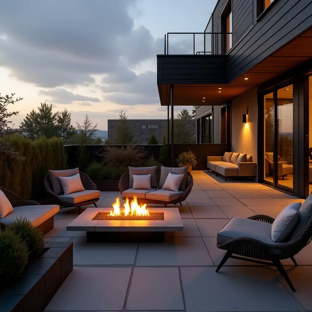 a photo of a chic balcony with a fire pit and seating area