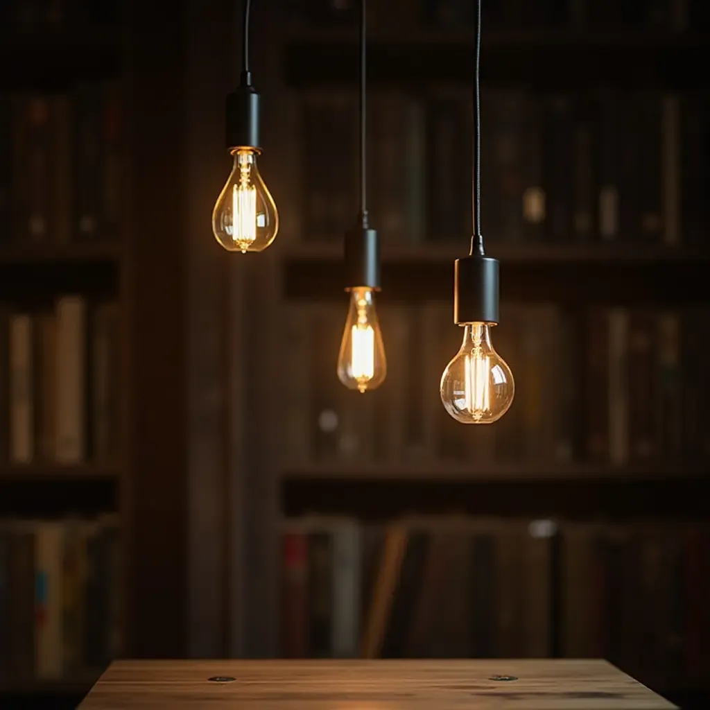 a photo of a library with pendant lights in various shapes and sizes