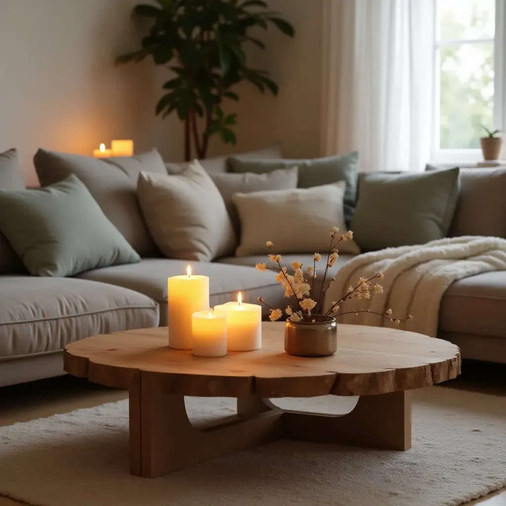 a photo of a small space with a handmade wooden coffee table and candles