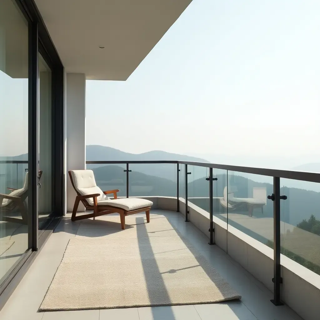 a photo of a minimalist balcony with a sleek railing and outdoor rug