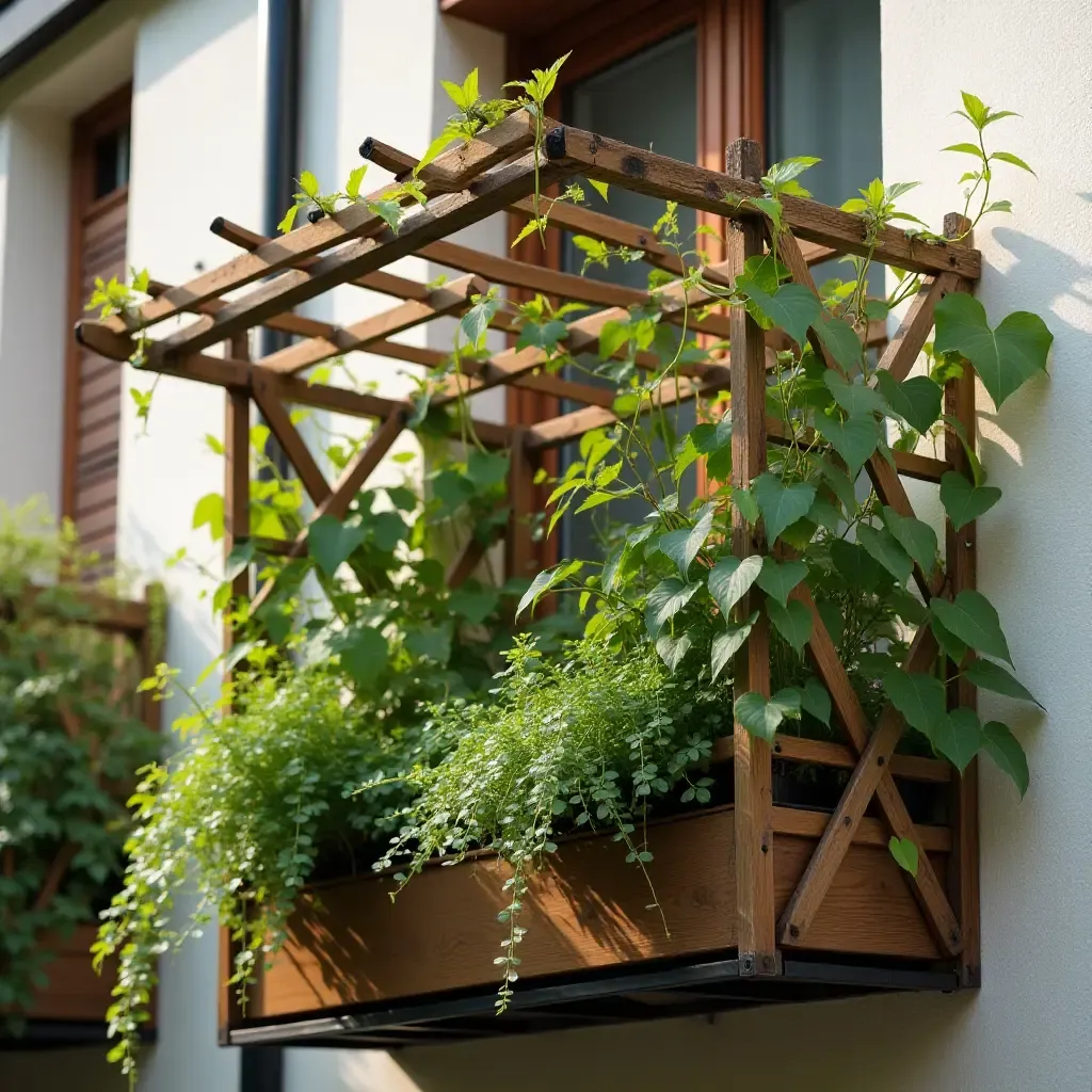 a photo of a wooden trellis supporting climbing plants on a balcony