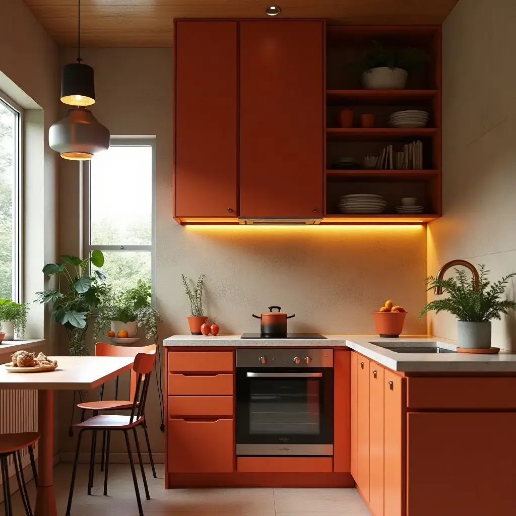 a photo of a vibrant kitchen with copper accents