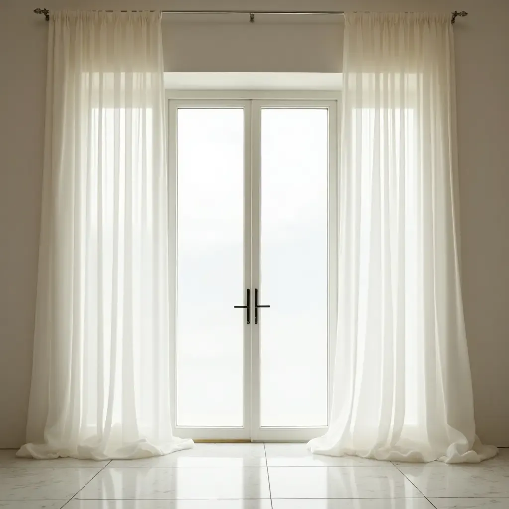 a photo of a bright entrance with large windows and sheer white drapes