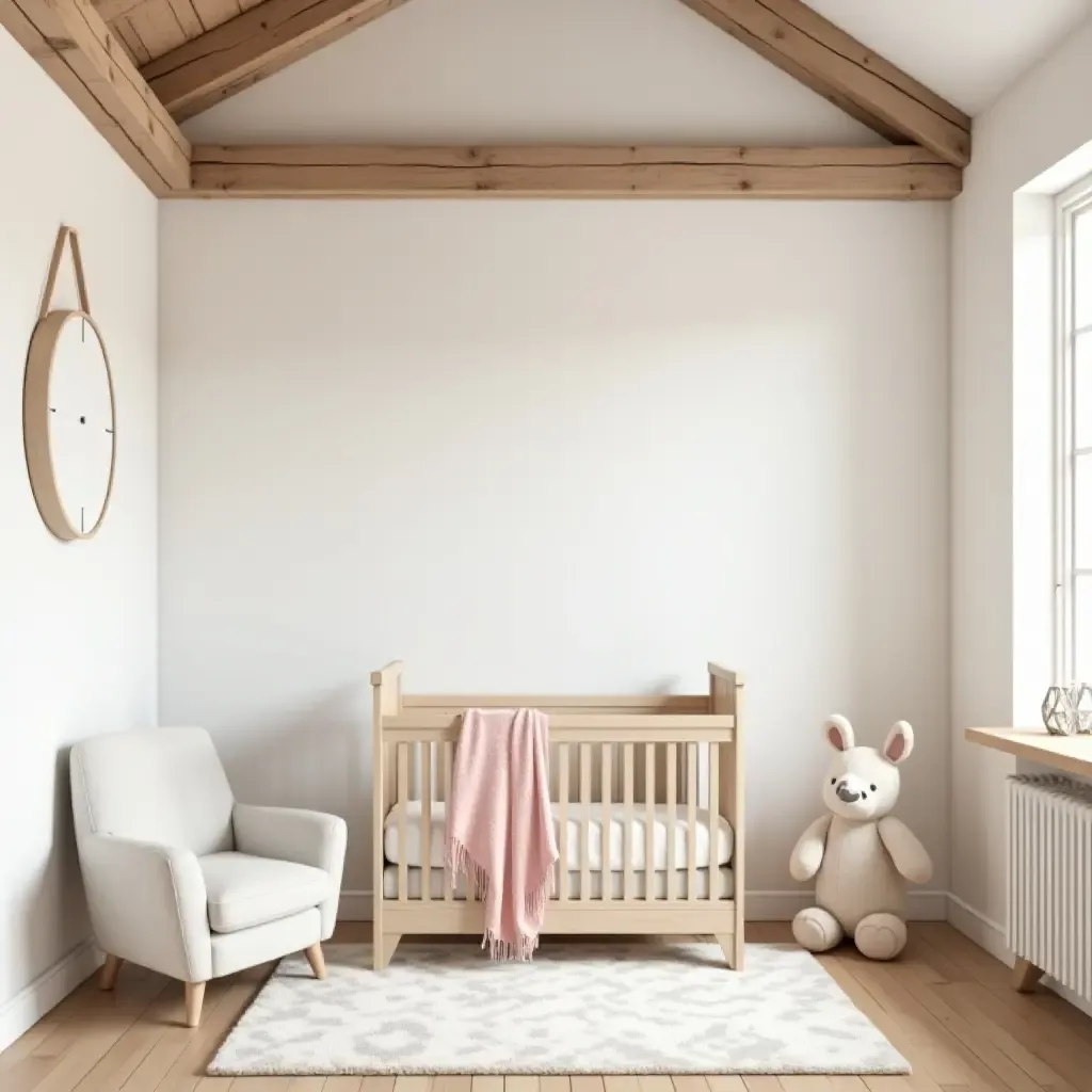 a photo of a rustic farmhouse nursery with wooden beams and soft pastel colors