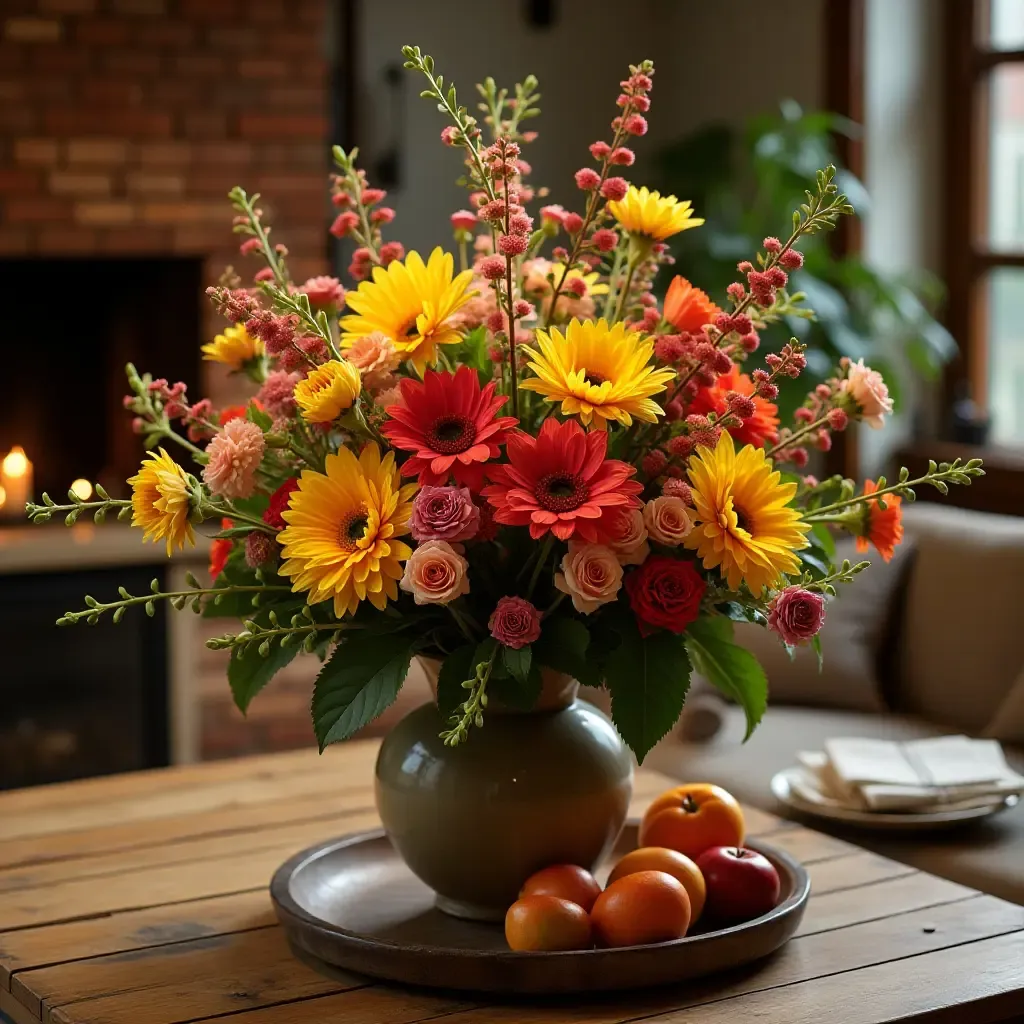 a photo of a colorful coffee table centerpiece with a mix of flowers and fruits