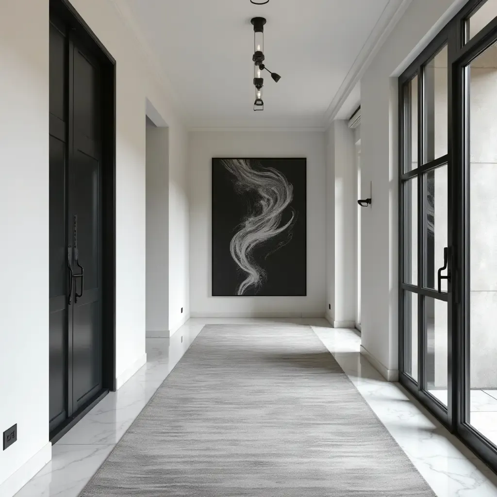 a photo of a striking black and white entryway with dramatic artwork