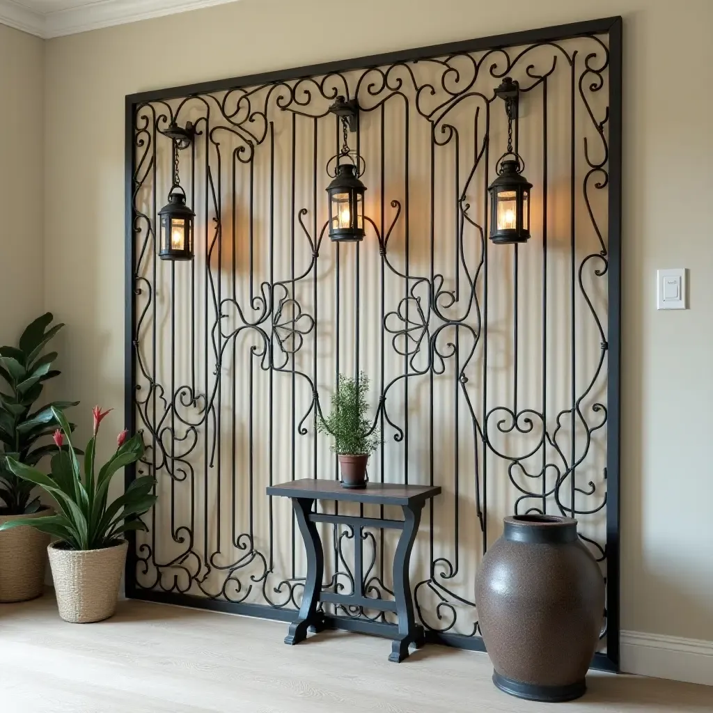 a photo of a vintage wrought iron garden wall with hanging lanterns in a foyer