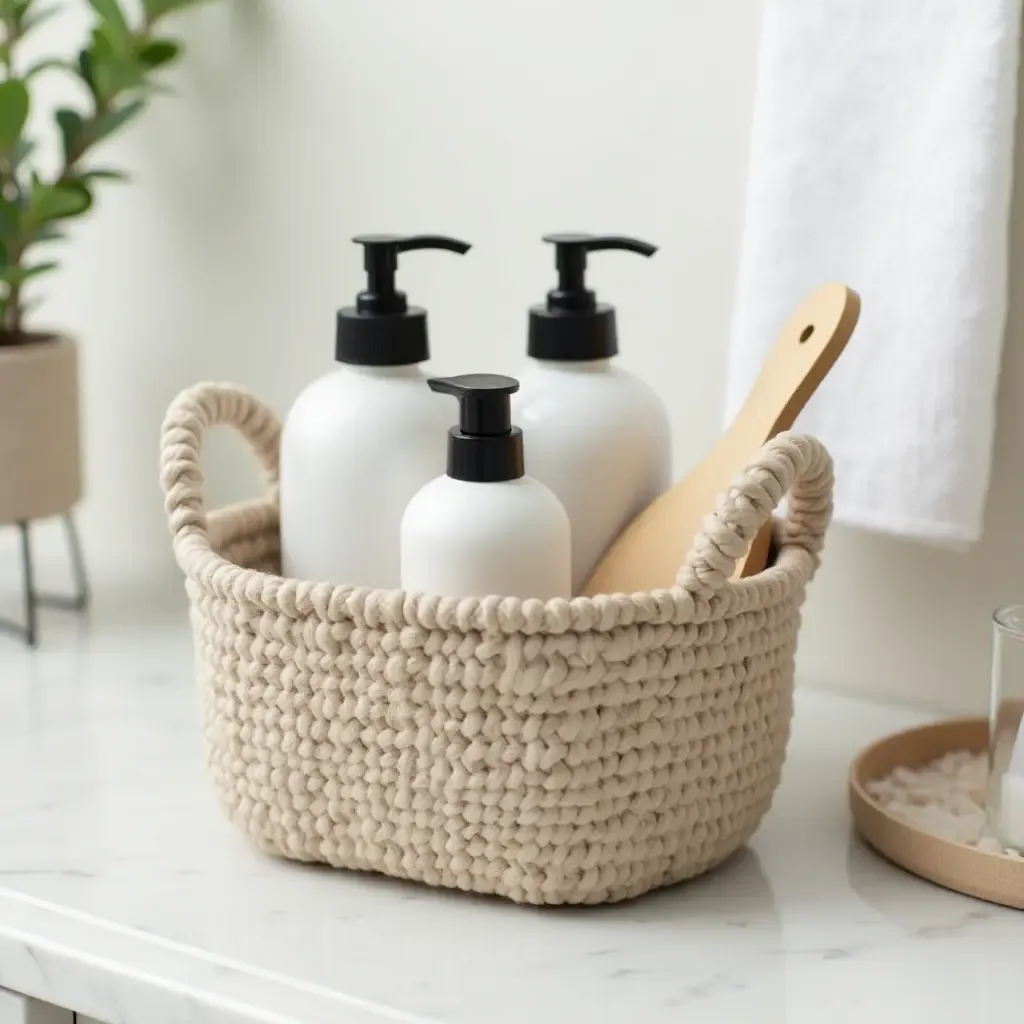 a photo of a decorative basket for storing bathroom supplies