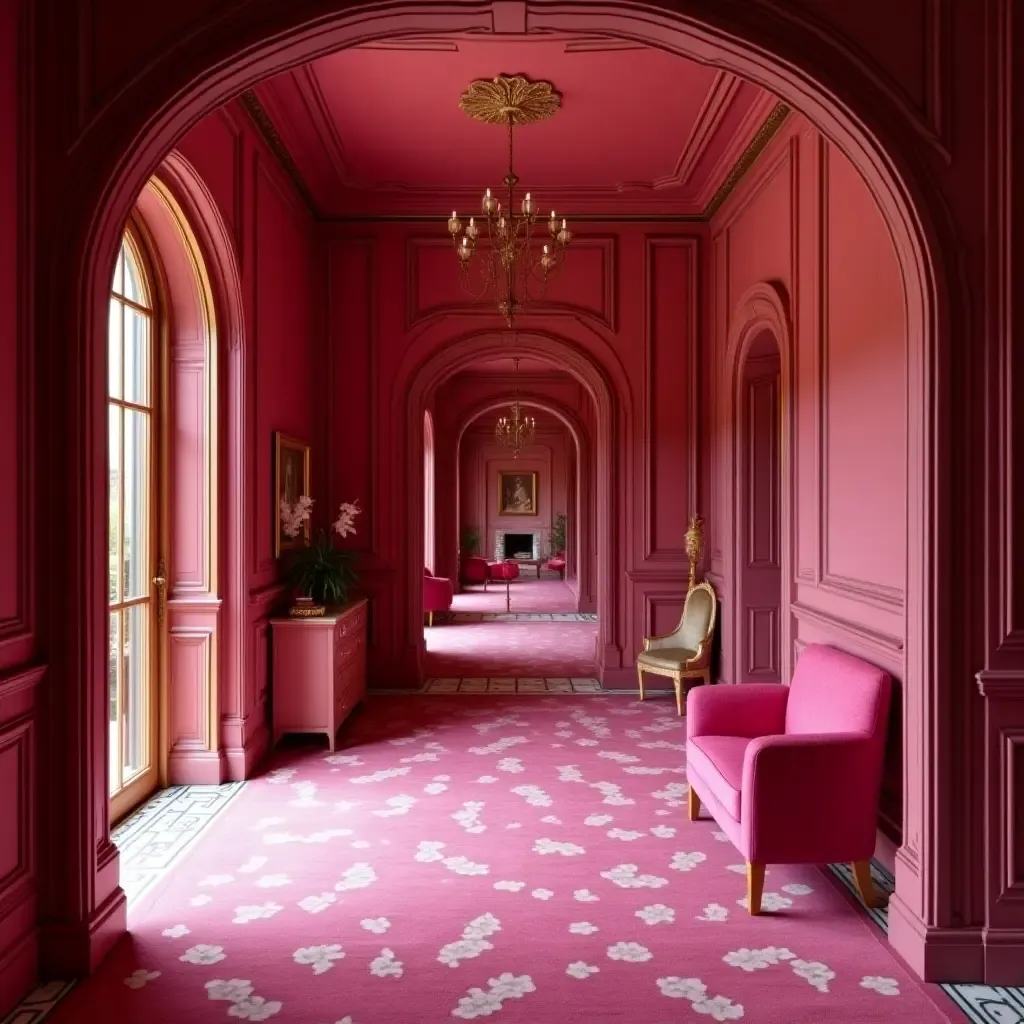 a photo of a vibrant fuchsia and gold entryway with luxurious details