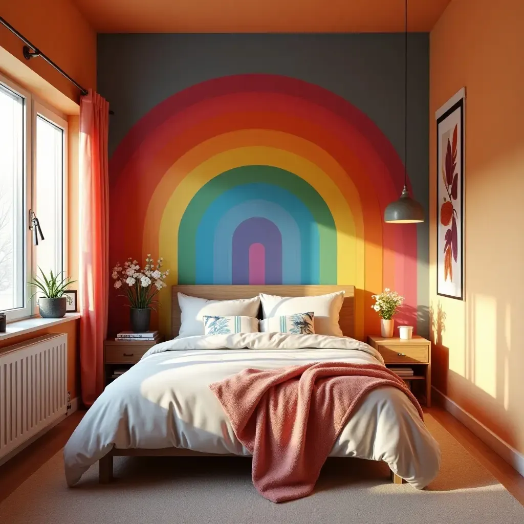 a photo of a bright rainbow-colored bedroom with artistic wall designs