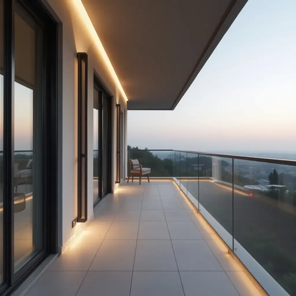 a photo of a minimalist balcony with sleek, modern light fixtures