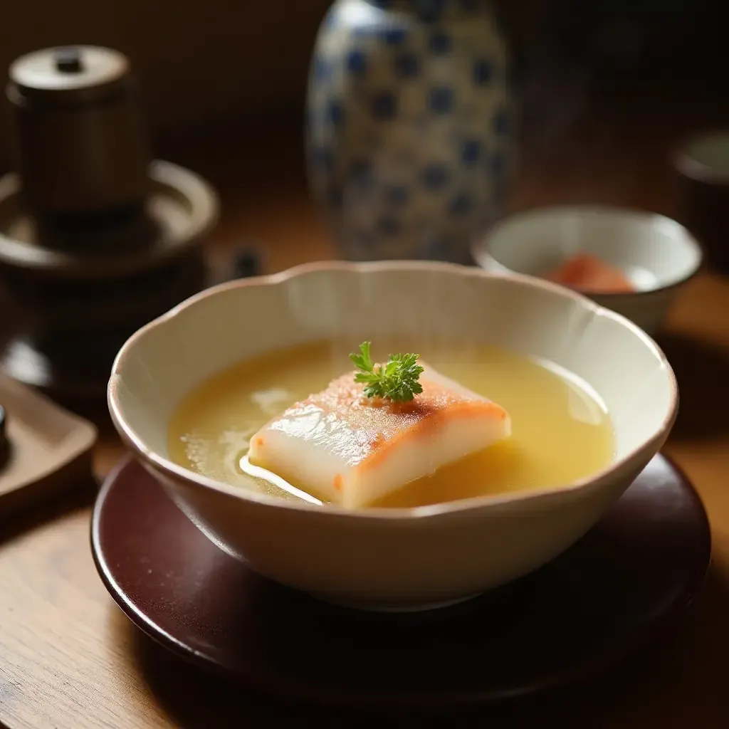 a photo of shirako, cod milt, served in a delicate broth, traditional Japanese tableware, serene atmosphere