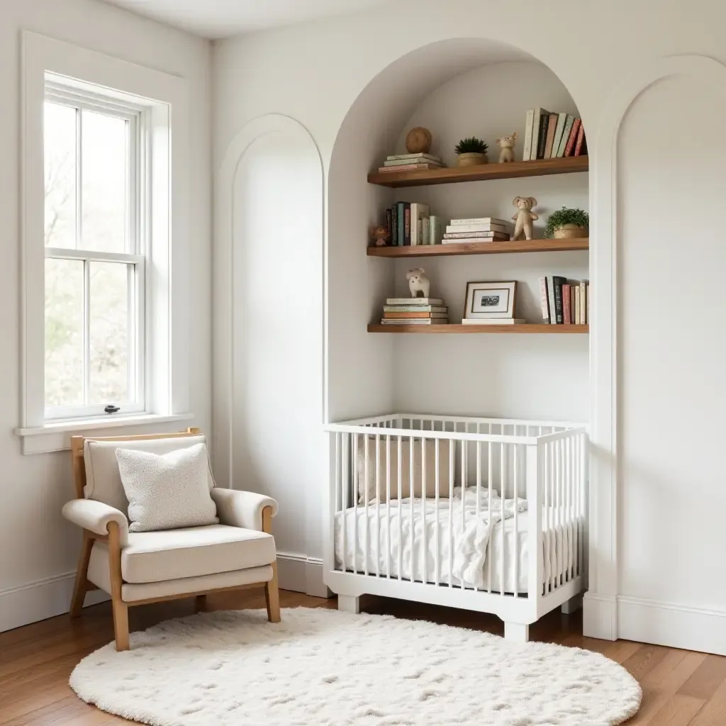 a photo of a nursery with a cozy reading nook and stylish bookshelves