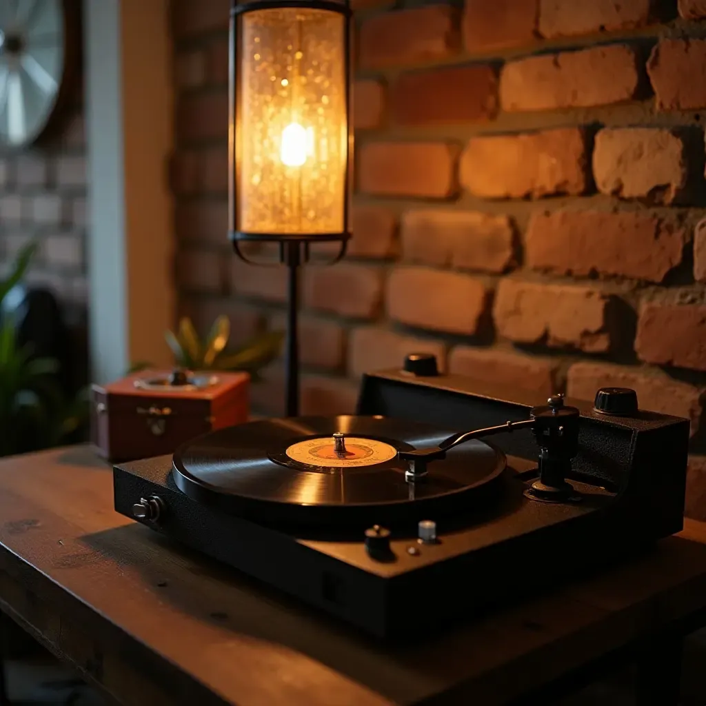 a photo of a vintage record player with industrial decor in a basement