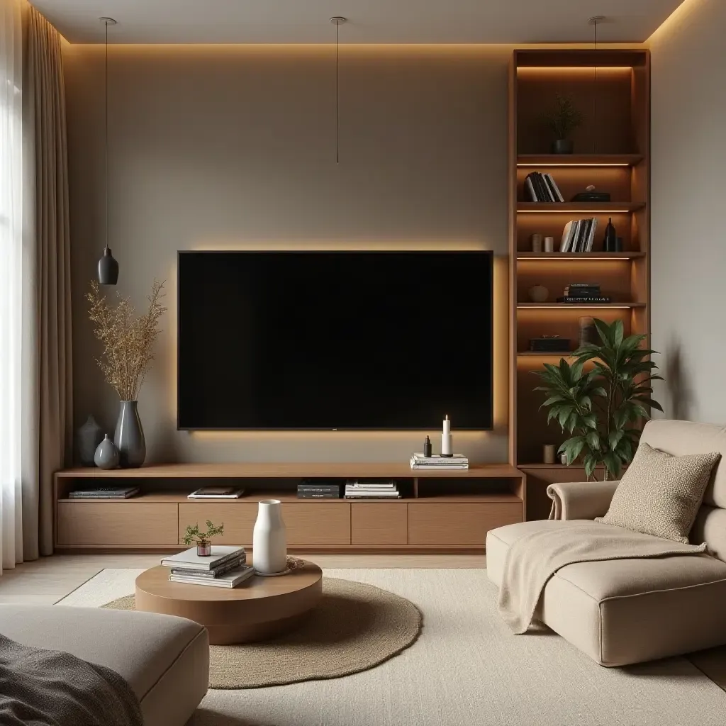 a photo of a cozy corner TV room with multifunctional furniture