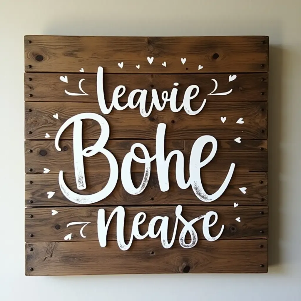 a photo of a rustic wooden sign with modern typography and boho flair