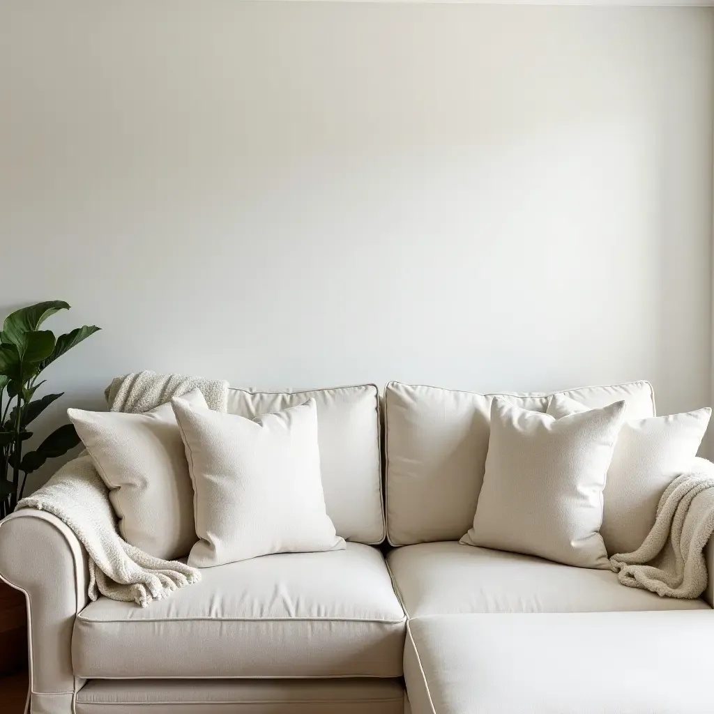 a photo of a farmhouse-style living room featuring soft throw pillows on a comfy couch