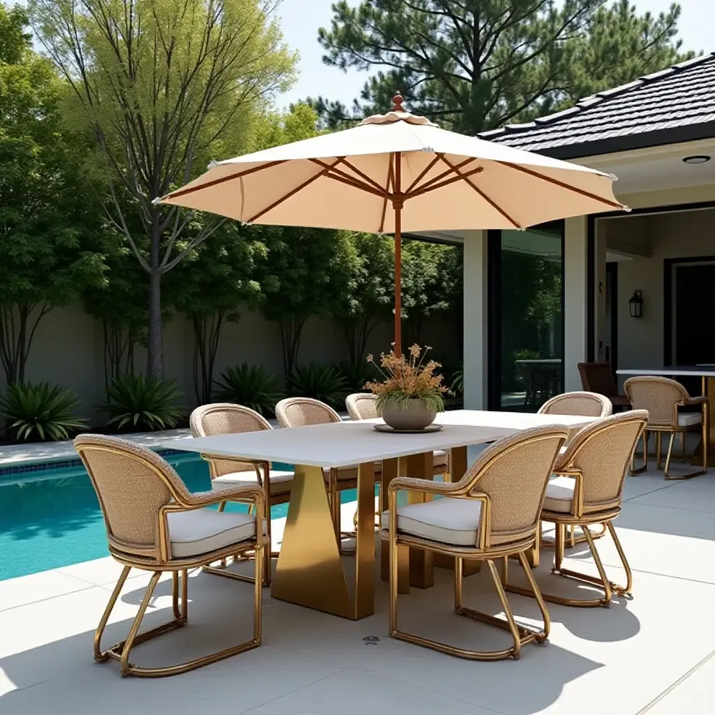 a photo of an elegant outdoor dining space by the pool with metallic touches