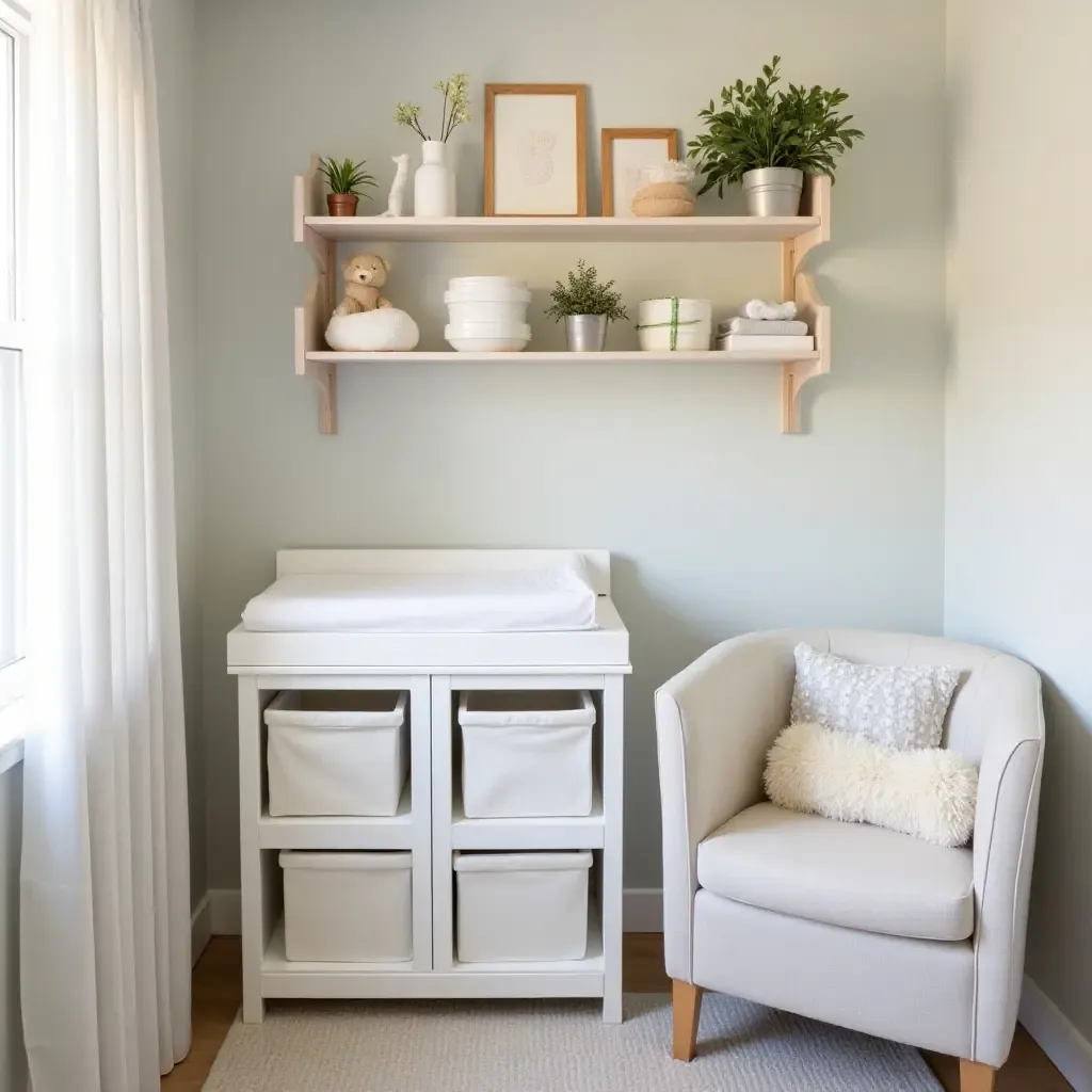 a photo of a nursery featuring an organized diaper changing station