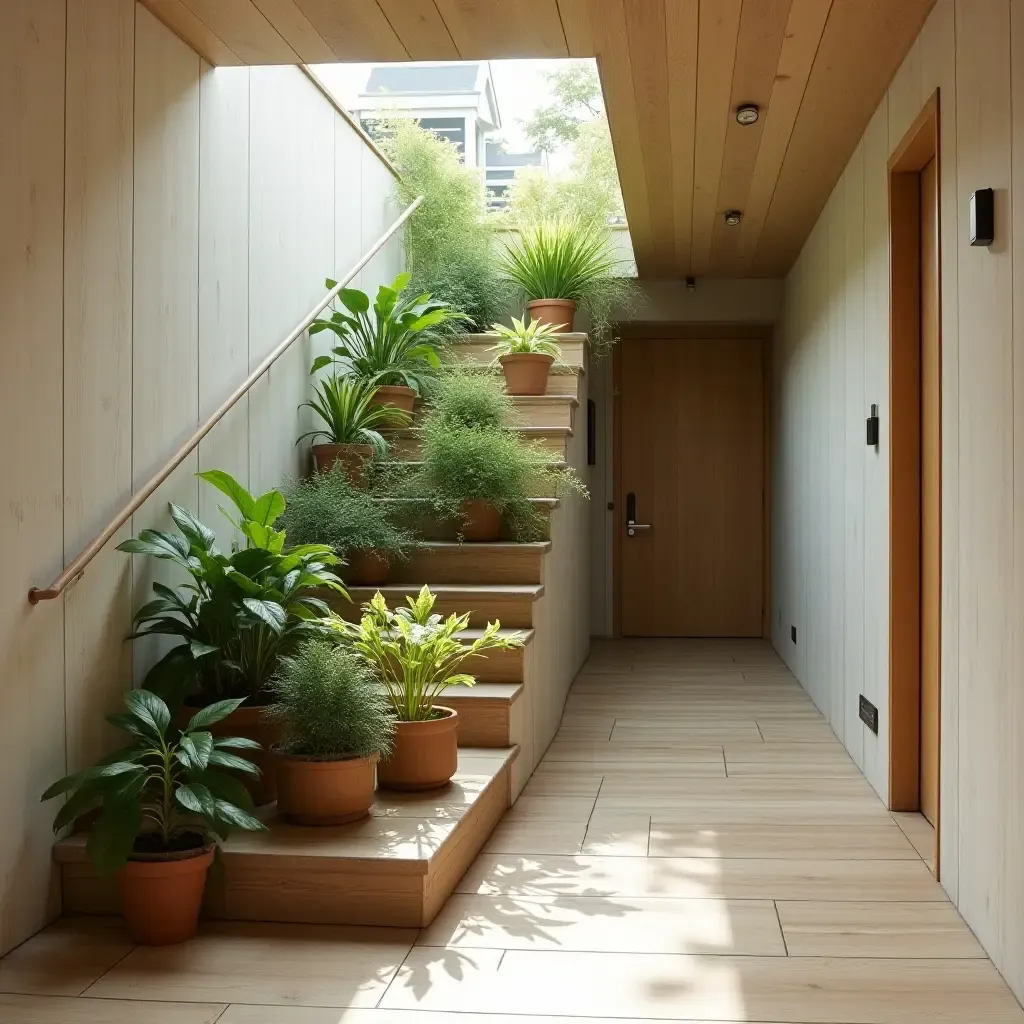 a photo of a corridor with a creative plant display on stairs