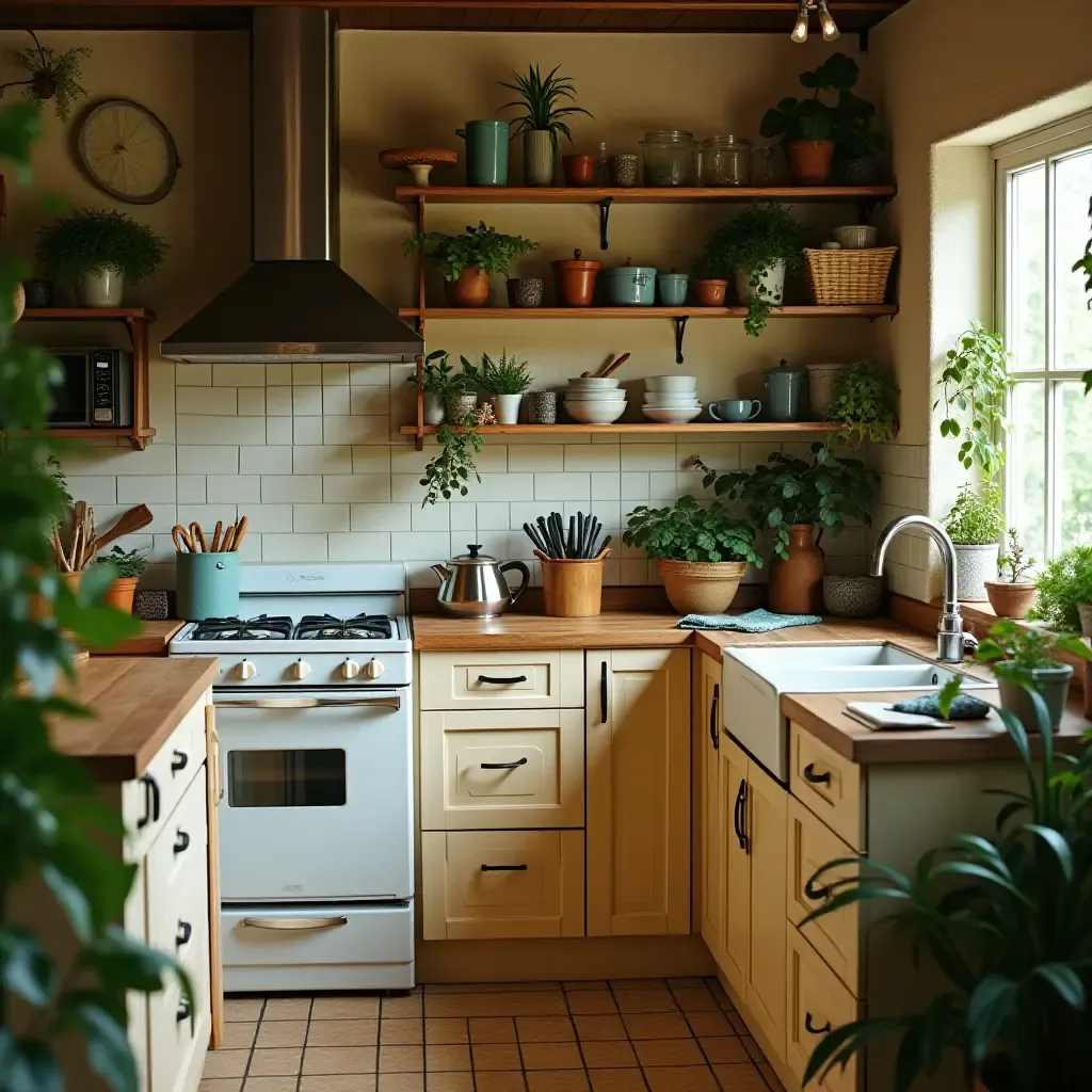 a photo of a warm kitchen filled with greenery and vintage kitchenware