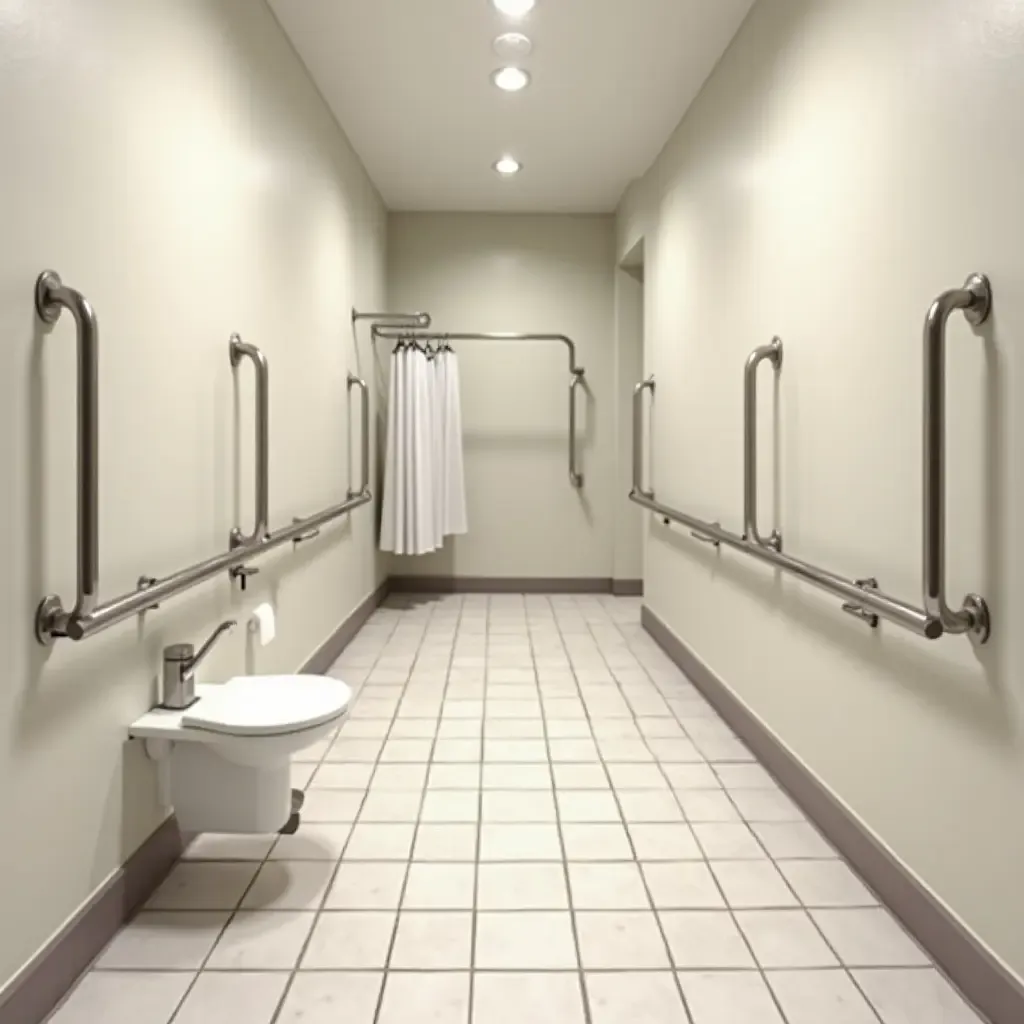 a photo of a bathroom designed for accessibility with grab bars and wide pathways