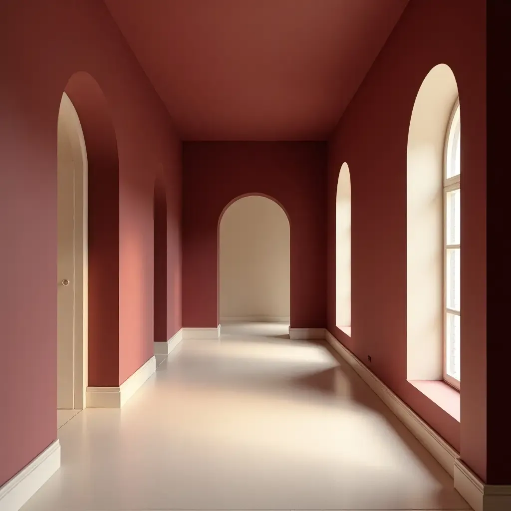 a photo of a rich burgundy and soft cream hallway