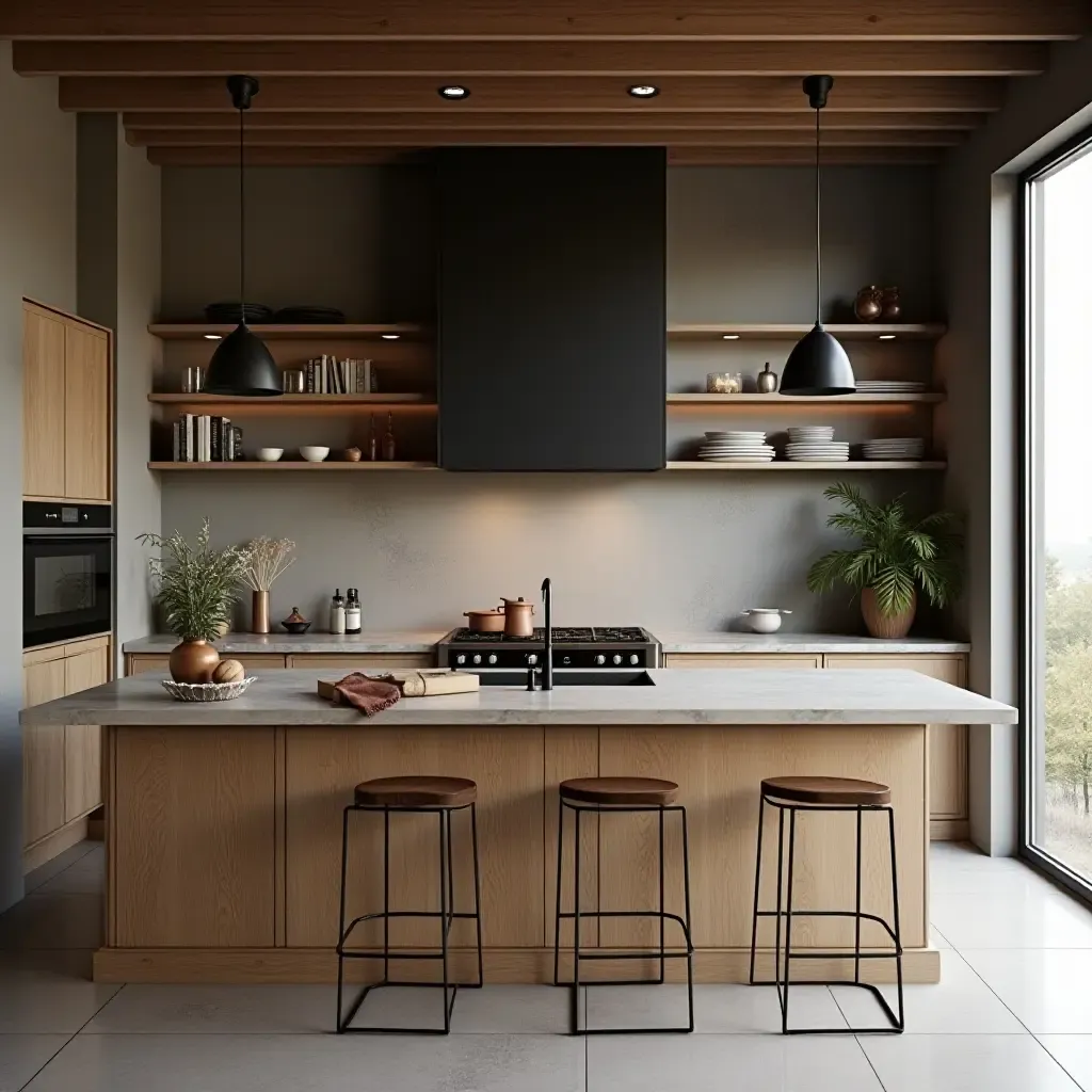 a photo of a stylish kitchen with a combination of wood and metal elements