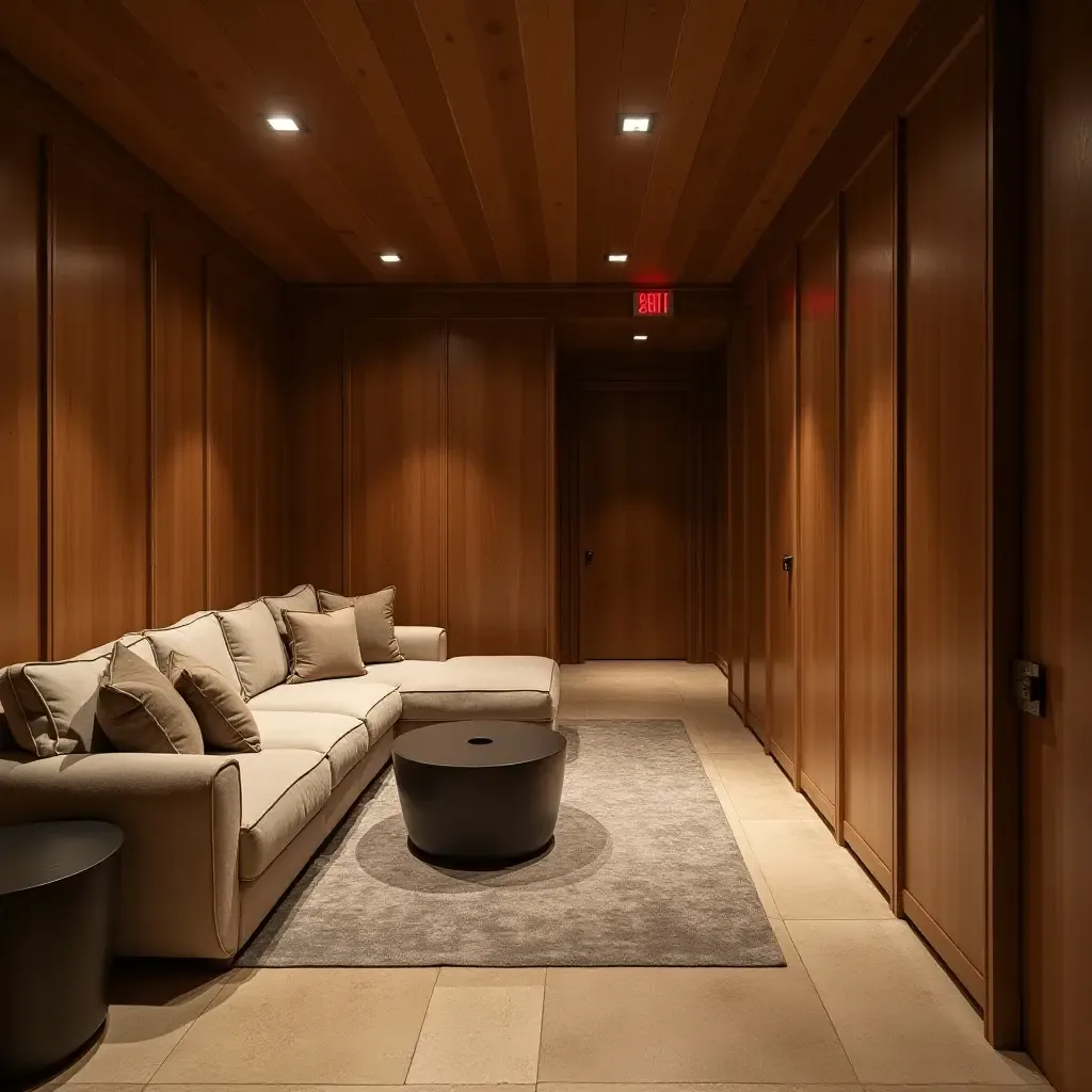 a photo of a basement with wooden paneling and plush furniture