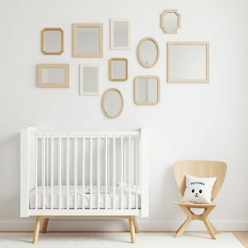 a photo of a nursery featuring a gallery wall of small mirrors