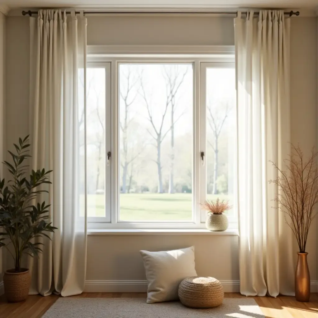 a photo of a small bedroom with light curtains for natural light